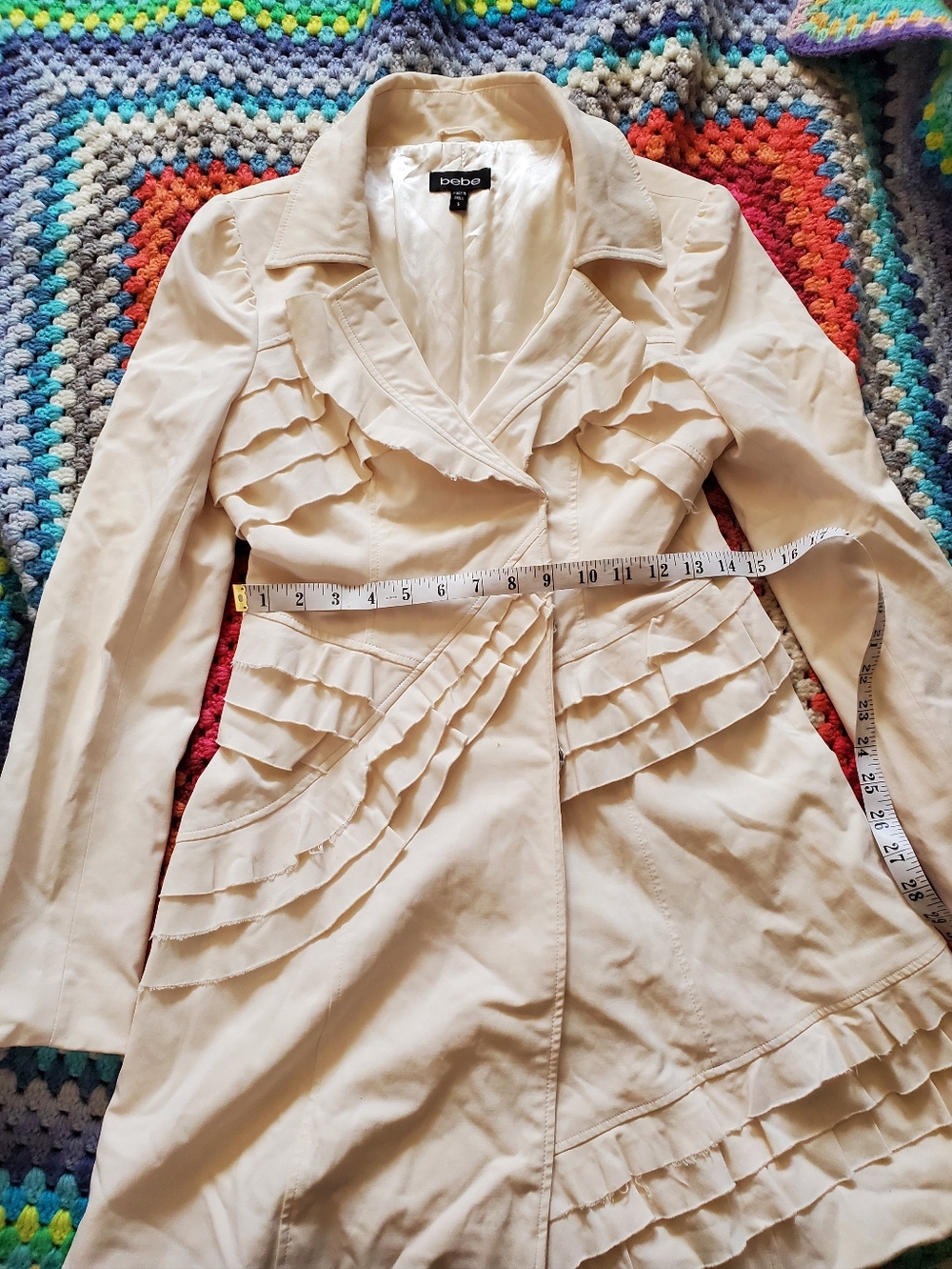 bebe Ivory Ruffle-Trim Trench Coat